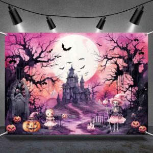 LDWLYW Pink Halloween Backdrop Scary Halloween Backdrops for Photography Background Full Moon Haunted House Halloween Party Decorations Outdoor Witch Birthday Banner for Girl Kids 7x5ft