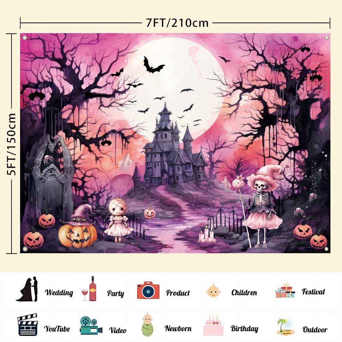 LDWLYW Pink Halloween Backdrop Scary Halloween Backdrops for Photography Background Full Moon Haunted House Halloween Party Decorations Outdoor Witch Birthday Banner for Girl Kids 7x5ft