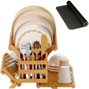 greenual bamboo dish drying rack with utensil holder, 3 tier collapsible dish rack, wooden dish racks for kitchen counter, large folding drying holder with absorbent dish drying mat