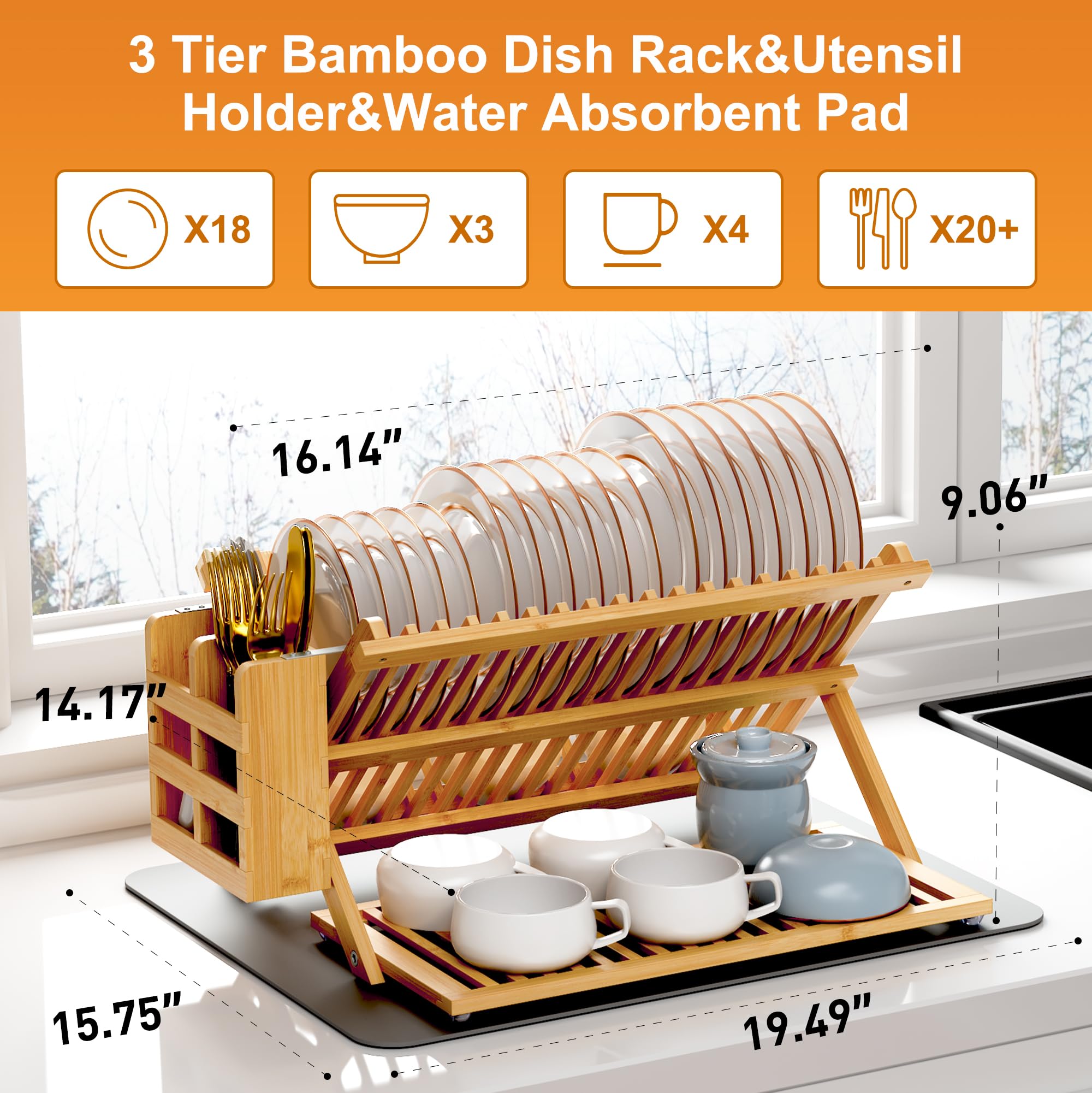 Greenual Bamboo Dish Drying Rack with Utensil Holder, 3 Tier Collapsible Dish Rack, Wooden Dish Racks for Kitchen Counter, Large Folding Drying Holder with Absorbent Dish Drying Mat