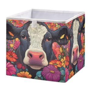 vnurnrn collapsible storage cube beautiful cow in flower print, organizing baskets with support board for shelf closet cabinet 11×11×11 in