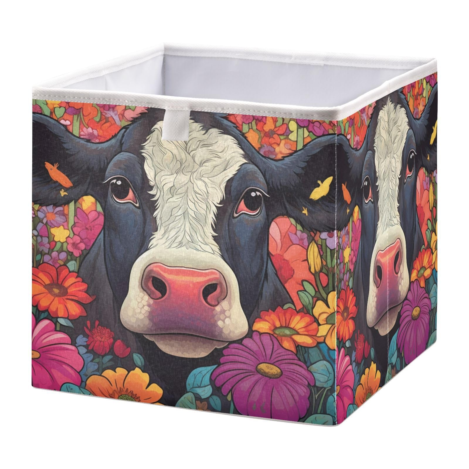 Vnurnrn Collapsible Storage Cube Beautiful Cow in Flower Print, Organizing Baskets with Support Board for Shelf Closet Cabinet 11×11×11 in