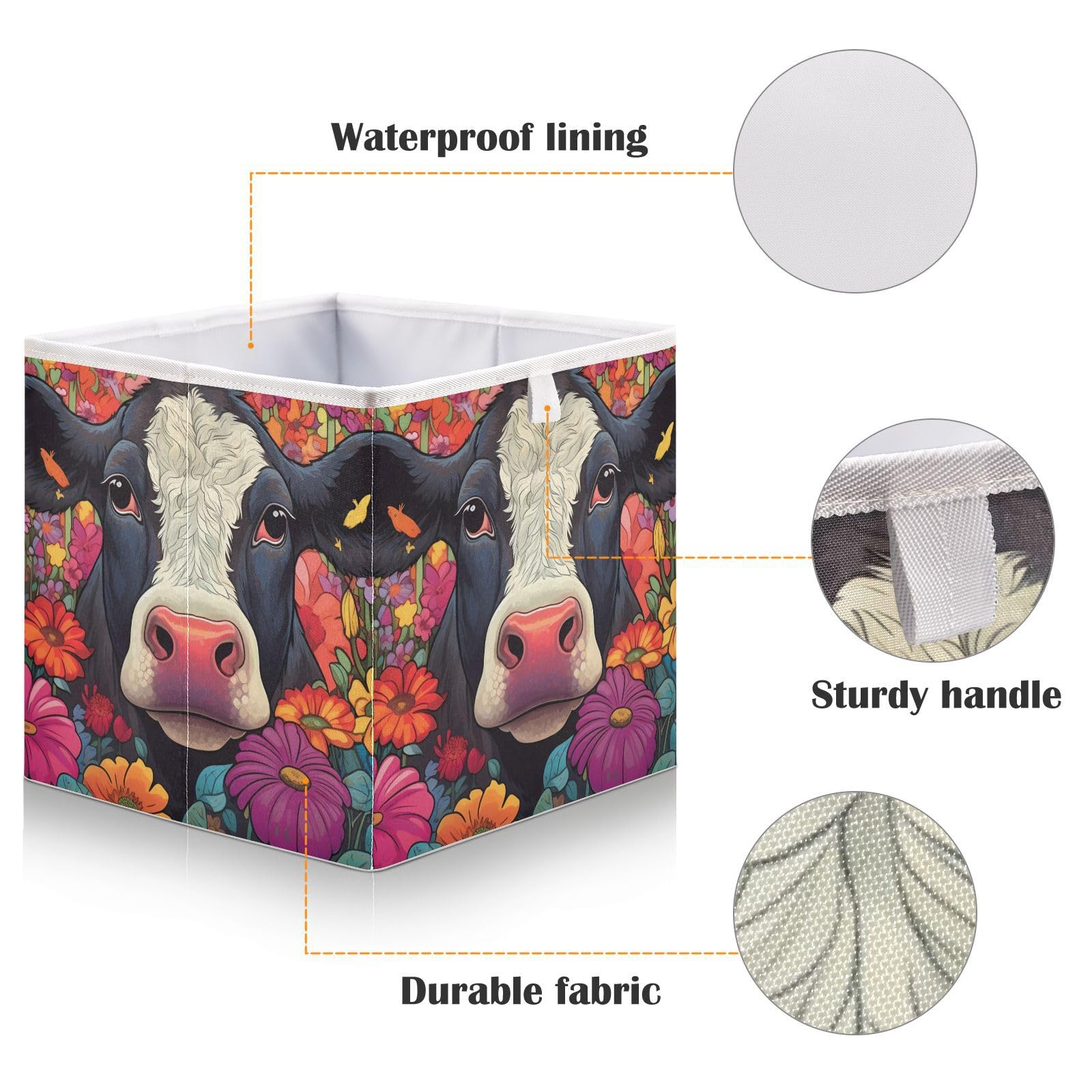 Vnurnrn Collapsible Storage Cube Beautiful Cow in Flower Print, Organizing Baskets with Support Board for Shelf Closet Cabinet 11×11×11 in