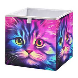vnurnrn collapsible storage cube shinning purple cat print, organizing baskets with support board for shelf closet cabinet 11×11×11 in