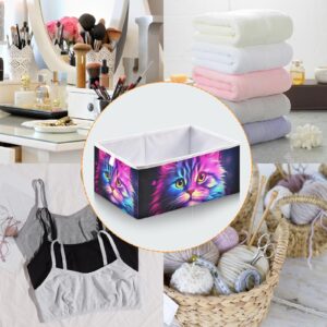 Vnurnrn Collapsible Storage Cube Shinning Purple Cat Print, Organizing Baskets with Support Board for Shelf Closet Cabinet 11×11×11 in