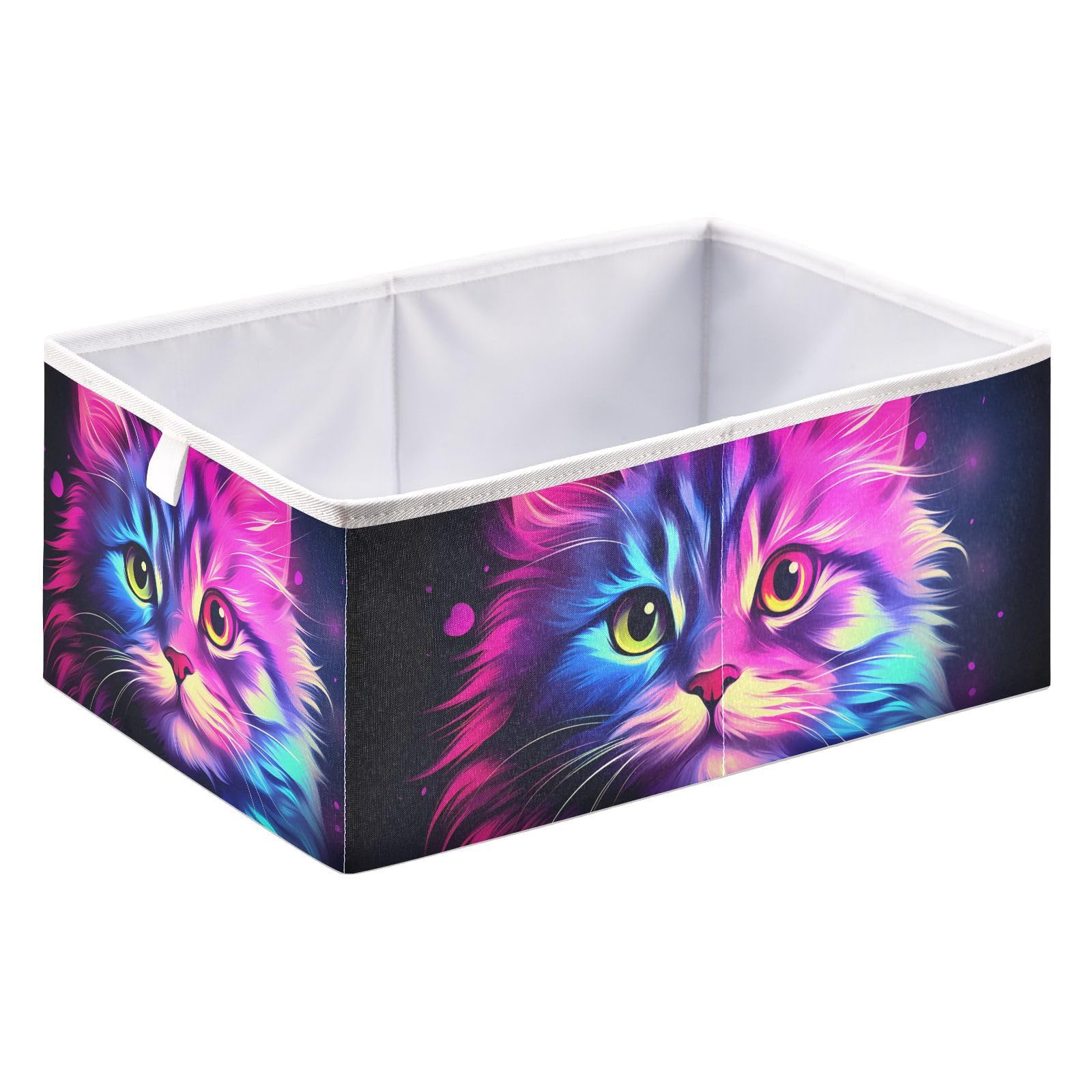 Vnurnrn Collapsible Storage Cube Shinning Purple Cat Print, Organizing Baskets with Support Board for Shelf Closet Cabinet 11×11×11 in