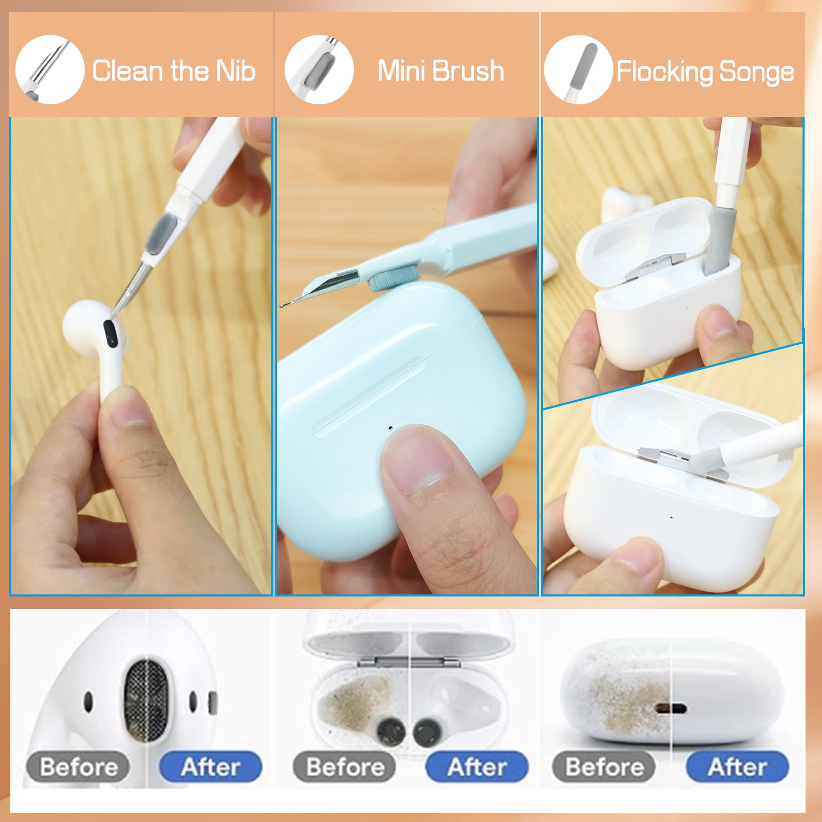 Cleaner Kit for Airpods, Earbuds Cleaning kit for Airpods Pro 1 2 3, Phone Cleaner kit with Brush for Bluetooth Earbuds Cleaner, Wireless Earphones,iPhone,Laptop, Camera (Pro White)