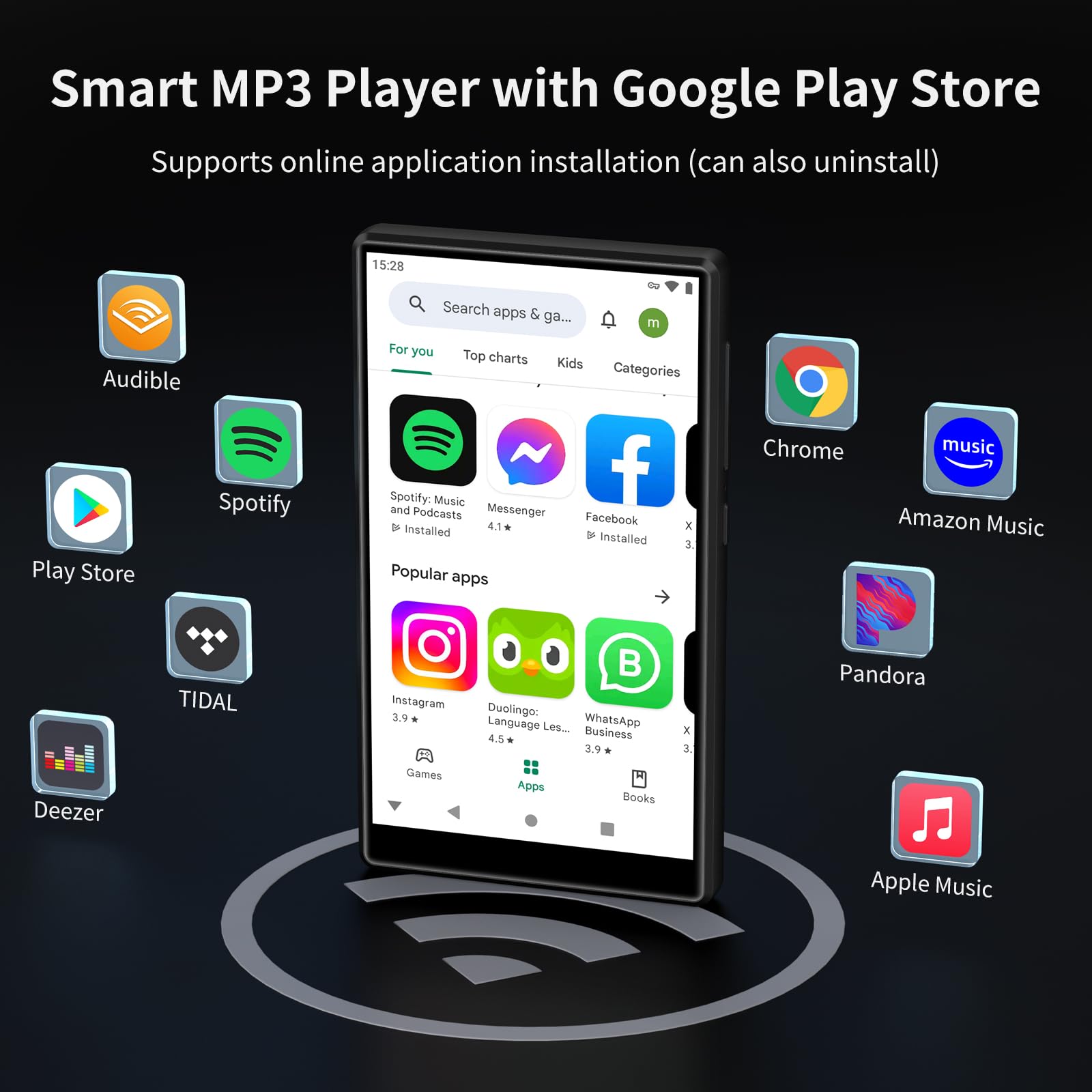 80GB MP3 Player with Bluetooth and WiFi, Android Streaming Music Player with Spotify, Amazon Music, Pandora, Audible, 4.7" Mp4 Music Player and WiFi with App, FM Radio for Kids, up to 512GB (Black)