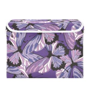 FOLIOSA Storage Boxes Butterflies Purple collapsible Flip-top locker Fabric Storage Bins with Handle for Home Bedroom Closet Office 16.5×12.6×11.8 in