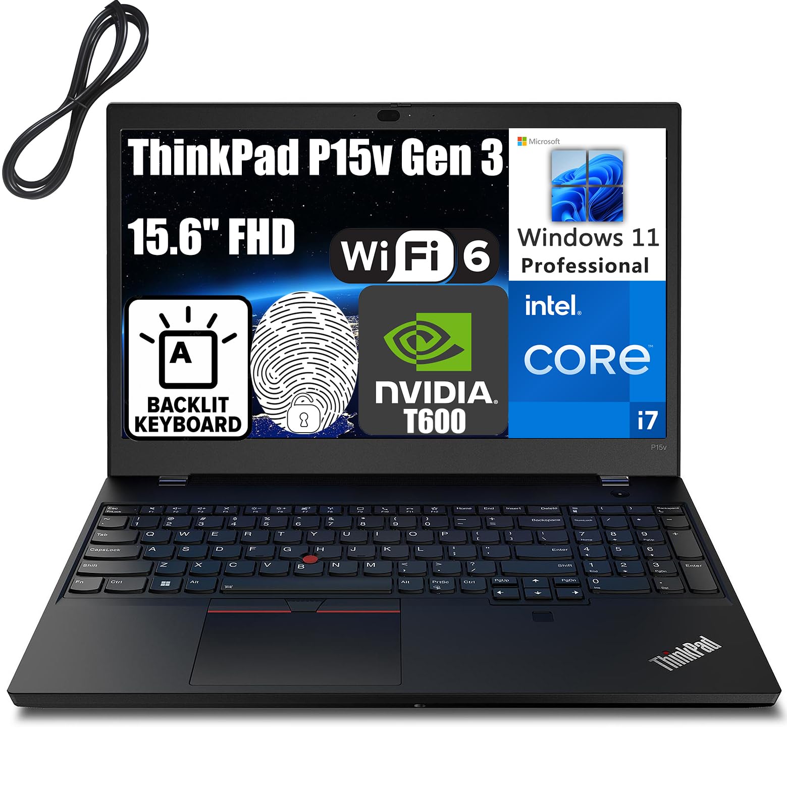 Lenovo 2023 ThinkPad P15v Gen 3 15.6" FHD Business Mobile Workstation Laptop Computer, Intel 14-Core i7-12700H, T600 4GB, 32GB DDR5 RAM, 1TB PCIe SSD, Backlit KB, FR, Windows 11 Pro, BROAGE Cable