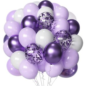 lavender purple party balloons, 70pcs 12inch lilac light purple white balloons for garland arch, purple metallic and confetti balloons for birthday baby bridal shower wedding girls party decorations