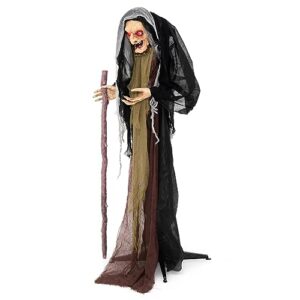 tangkula 5ft halloween animated standing witch, life size animatronic witch with pre-recorded phrases, glowing red eyes, posable arms, ideal for scary halloween holiday decor prop indoor/outdoor