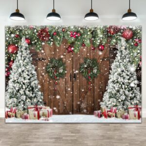 wollmix christmas backdrops for photography, winter rustic barn wood door photo background xmas eve tree snow banner family holiday party decoration supplies portraits photo booth studio props 7x5ft