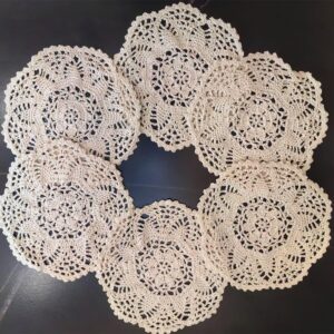 mulbess handmade crochet floral pattern round cotton lace table placemats doilies pack of 6, round 8 inch, beige