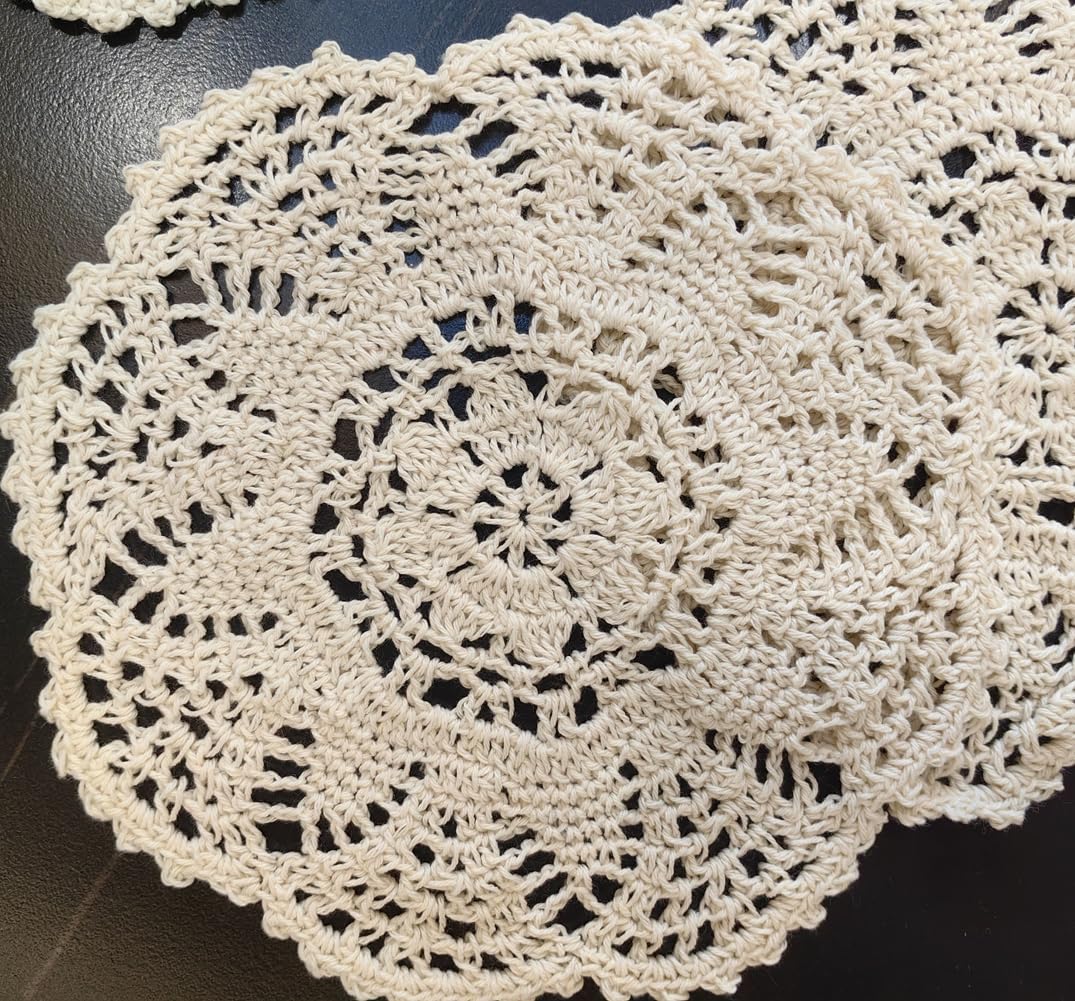 MULBESS Handmade Crochet Floral Pattern Round Cotton Lace Table Placemats Doilies Pack of 6, Round 8 Inch, Beige