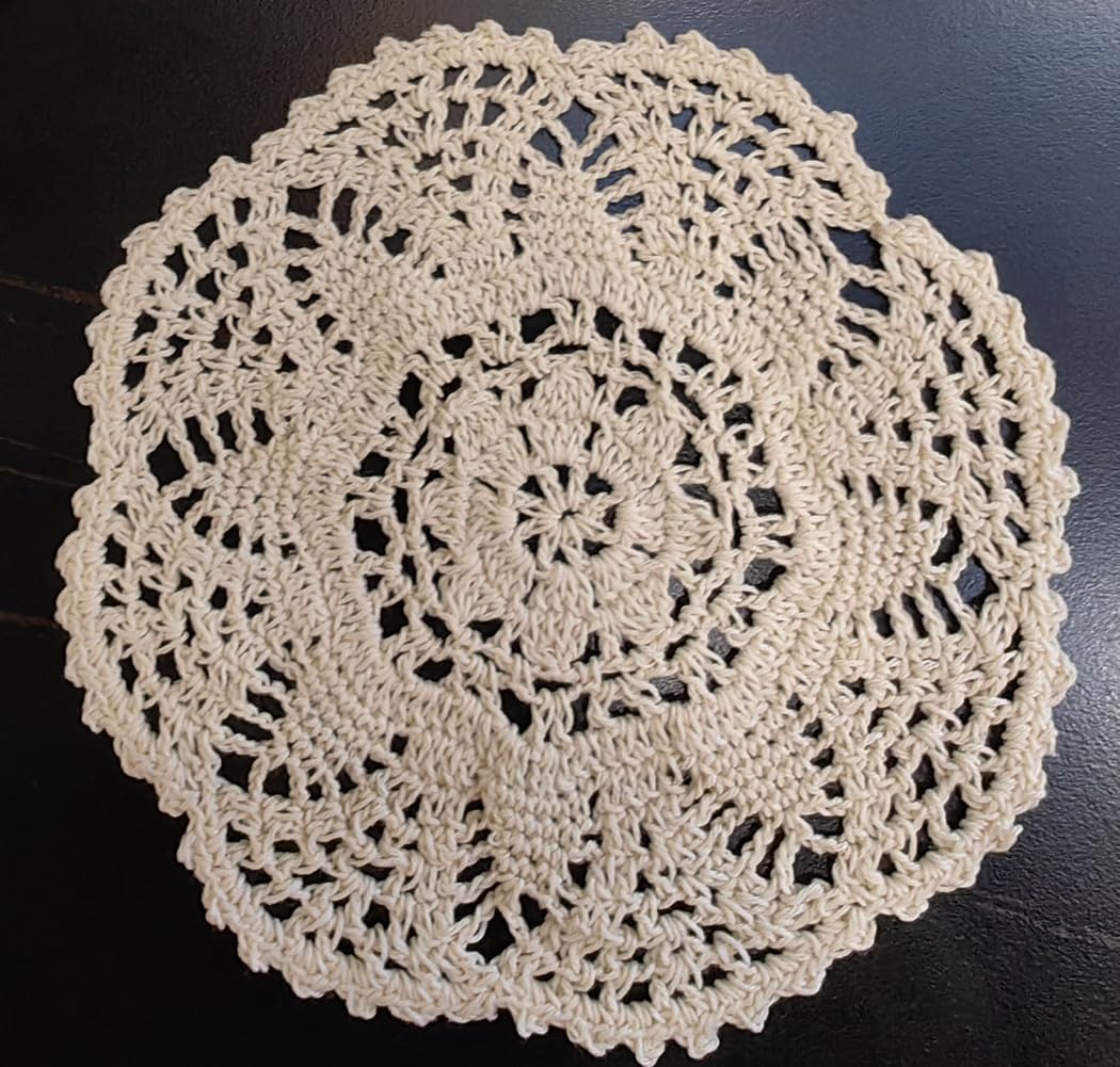 MULBESS Handmade Crochet Floral Pattern Round Cotton Lace Table Placemats Doilies Pack of 6, Round 8 Inch, Beige