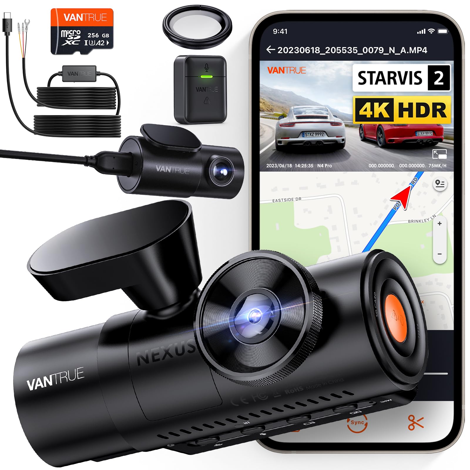 [ Bundle-5 Items: Vantrue N4 Pro 4K 3CH +CPL + Vantrue 256GB SD Card + Hardwire Kit+ Remote Control ] True 4K Wi-Fi 3-Channel Dashcam, STARVIS 2 IMX678 Night Vision, HDR, Voice Control, GPS Cam for Ub