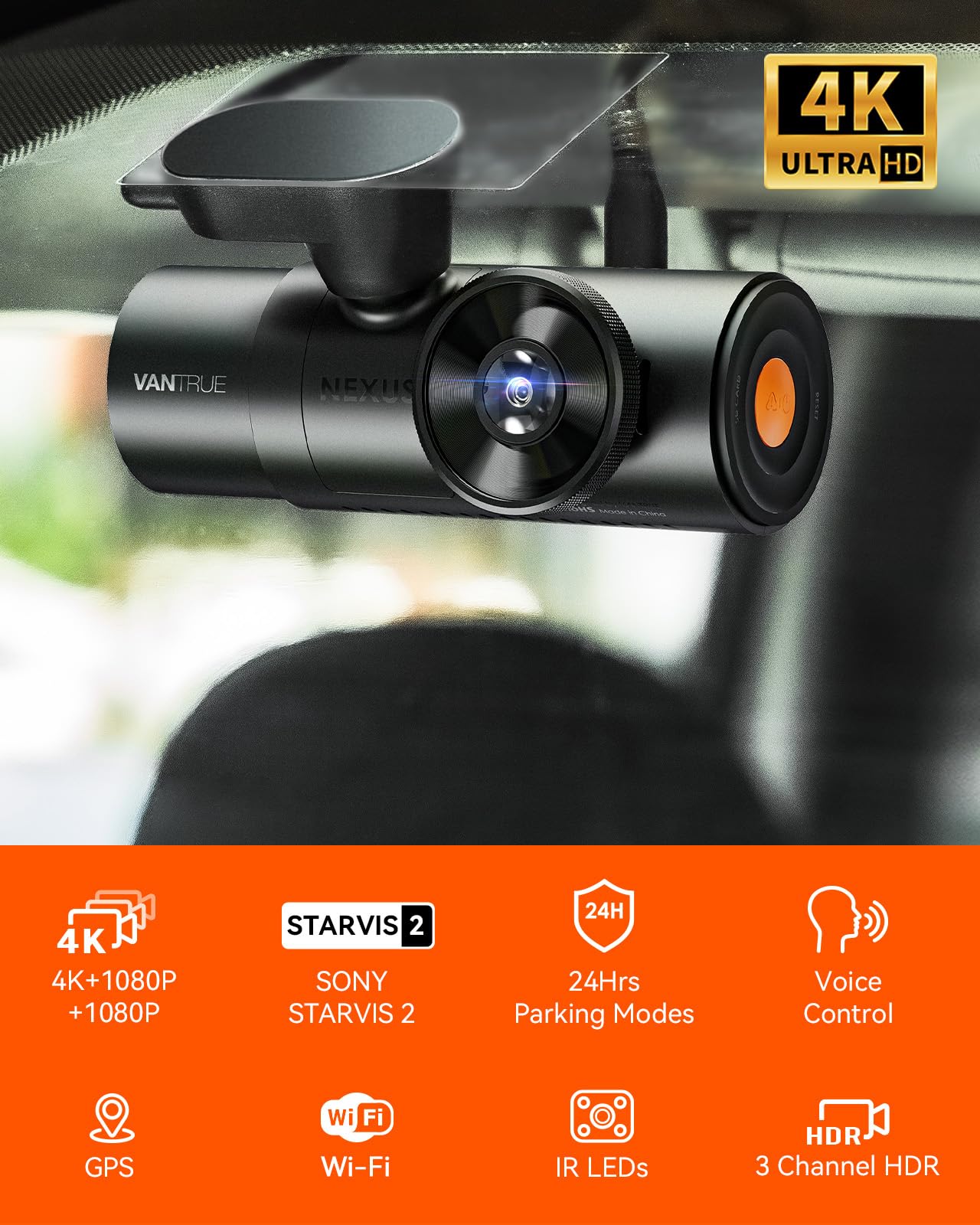 [ Bundle-5 Items: Vantrue N4 Pro 4K 3CH +CPL + Vantrue 256GB SD Card + Hardwire Kit+ Remote Control ] True 4K Wi-Fi 3-Channel Dashcam, STARVIS 2 IMX678 Night Vision, HDR, Voice Control, GPS Cam for Ub