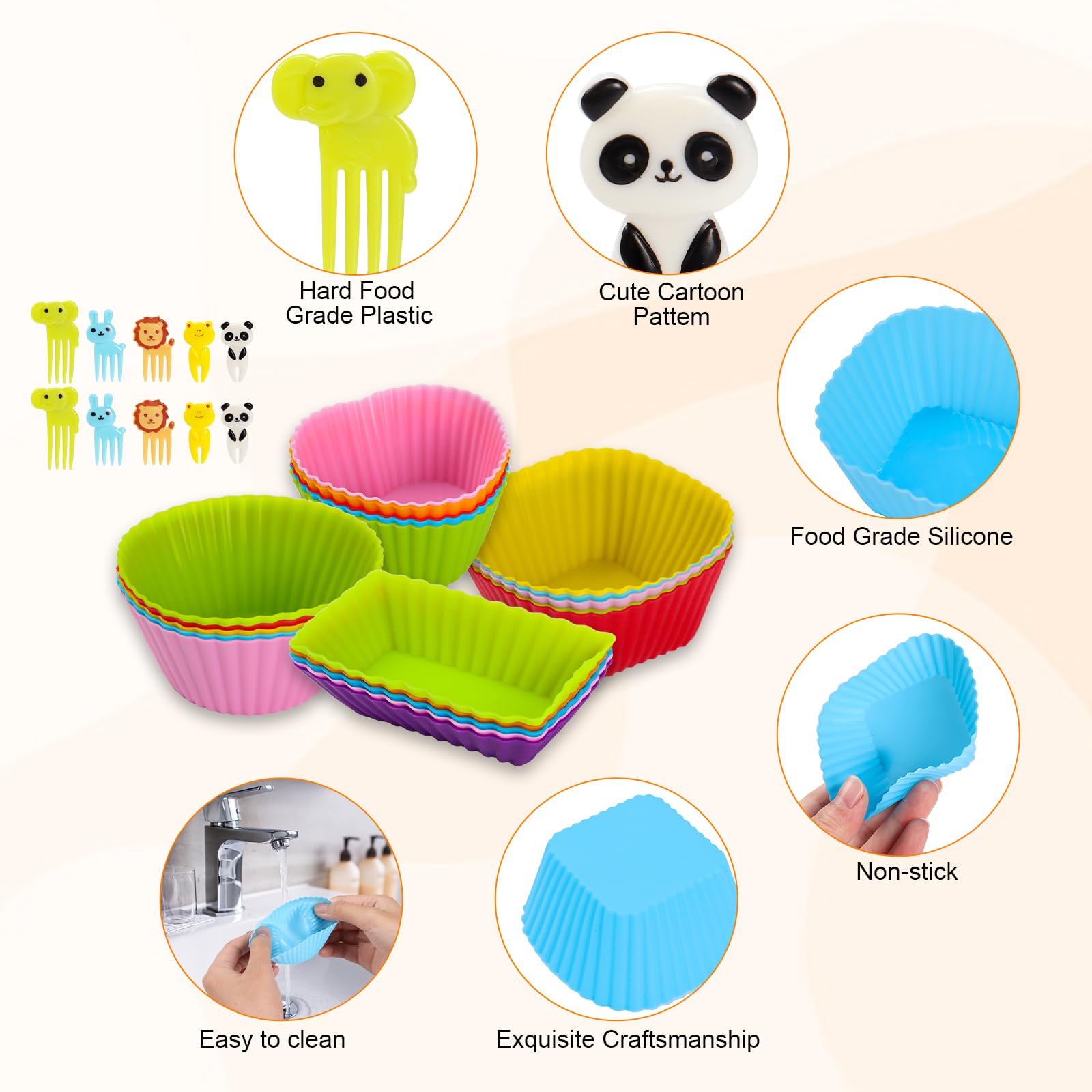 DGYJJZ Silicone Lunch Box Dividers Bento Box Accessories, Silicone Cupcake Liners with 10pcs Food Picks for Kids (30Pack)