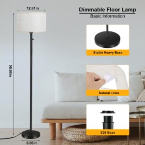 Floor Lamps for Living Room, Stepless Dimmable Standing Lamp, Modern Floor Lamp with Rotary Switch, Beige Linen Shade, 9W Led Bulb Included(1000LM,2700K), Tall Lamp for Bedroom, Office, Farmhouse