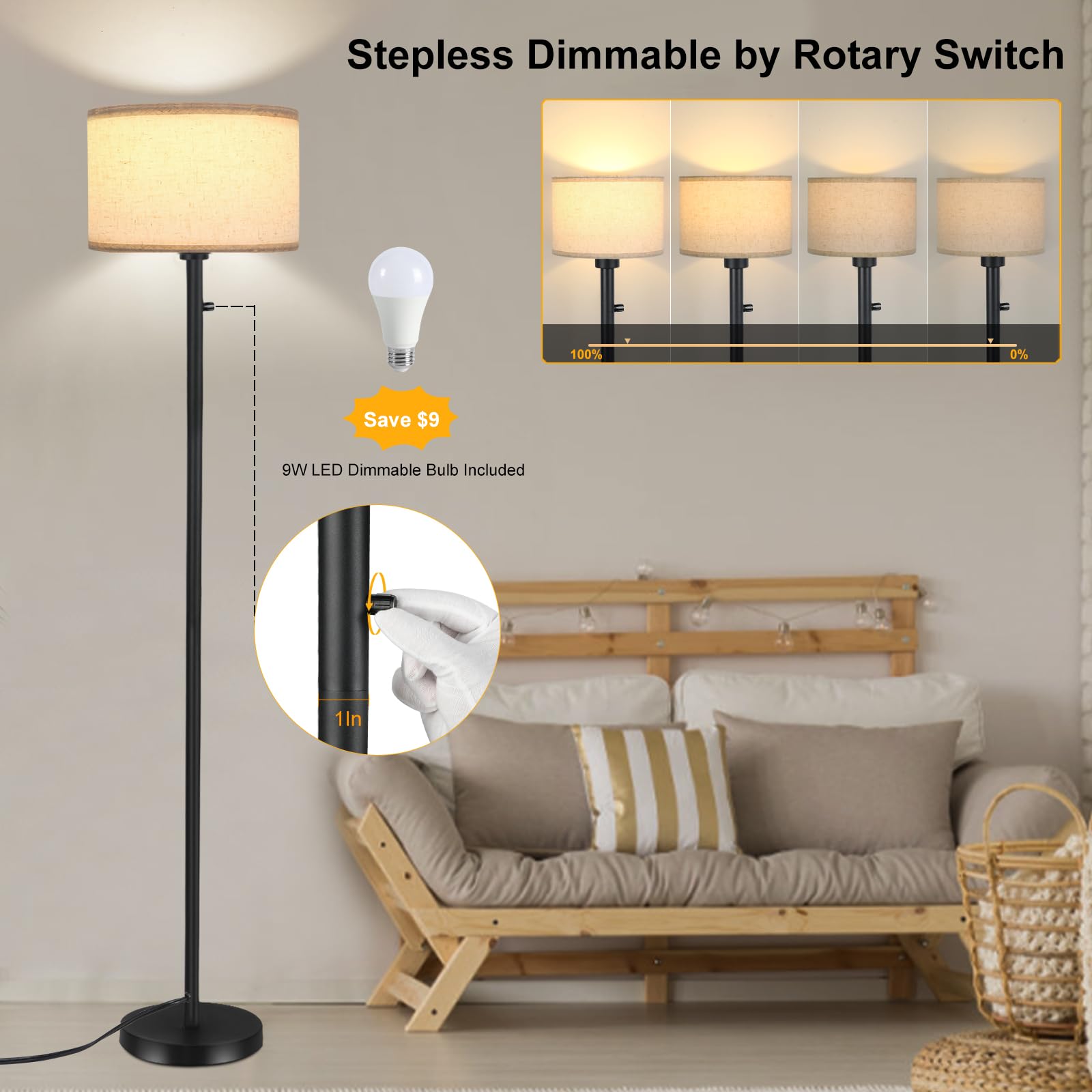 Floor Lamps for Living Room, Stepless Dimmable Standing Lamp, Modern Floor Lamp with Rotary Switch, Beige Linen Shade, 9W Led Bulb Included(1000LM,2700K), Tall Lamp for Bedroom, Office, Farmhouse