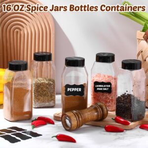 Mifoci 28 Pack 16 oz Plastic Spice Jars with Black Cap Square Plastic Bottle Containers with Shaker Lids and Stickers Large Seasoning Shaker Empty Powder Storage Container for Storing Salt Herbs