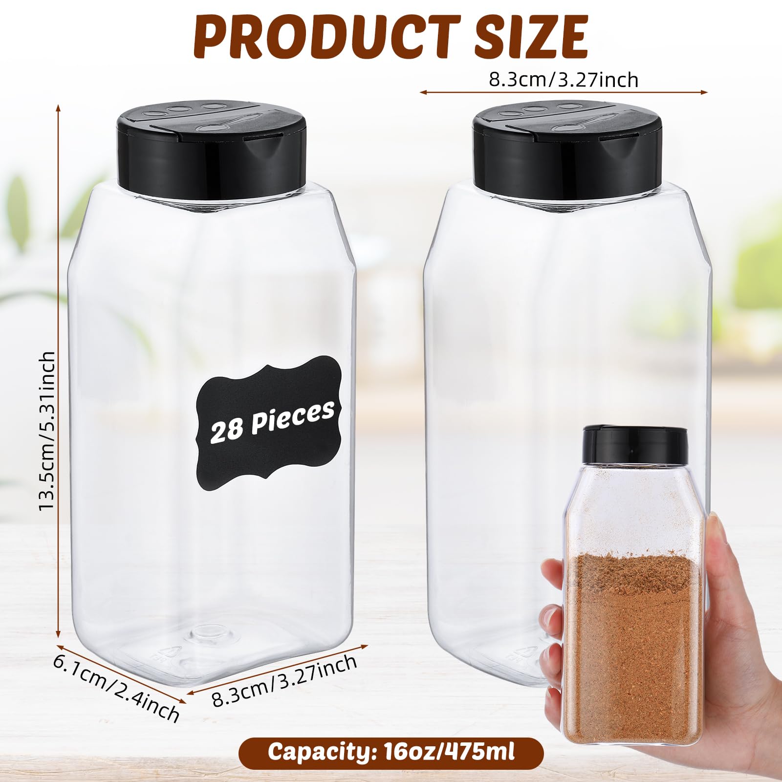 Mifoci 28 Pack 16 oz Plastic Spice Jars with Black Cap Square Plastic Bottle Containers with Shaker Lids and Stickers Large Seasoning Shaker Empty Powder Storage Container for Storing Salt Herbs