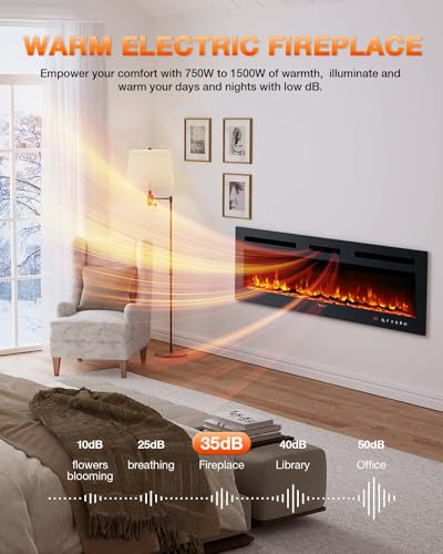 VISVEIL Electric Fireplace 60Inch,Realistic Flame Electric Fireplace Heater,Log Set/Crystal Flames 750-1500W with Timer Inserts/Wall Mounted/TV Stand Touch Screen & Remote for Living Room Easy Install