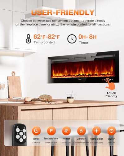 VISVEIL Electric Fireplace 60Inch,Realistic Flame Electric Fireplace Heater,Log Set/Crystal Flames 750-1500W with Timer Inserts/Wall Mounted/TV Stand Touch Screen & Remote for Living Room Easy Install