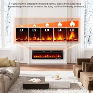 VISVEIL Electric Fireplace 60Inch,Realistic Flame Electric Fireplace Heater,Log Set/Crystal Flames 750-1500W with Timer Inserts/Wall Mounted/TV Stand Touch Screen & Remote for Living Room Easy Install