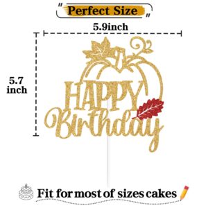 Gold Glitter Pumpkin Happy Birthday Cake Topper, Pumpkin Themed Birthday Party Decorations, Autumn Fall Maple Leaves Birthday Party Decorations Supplies