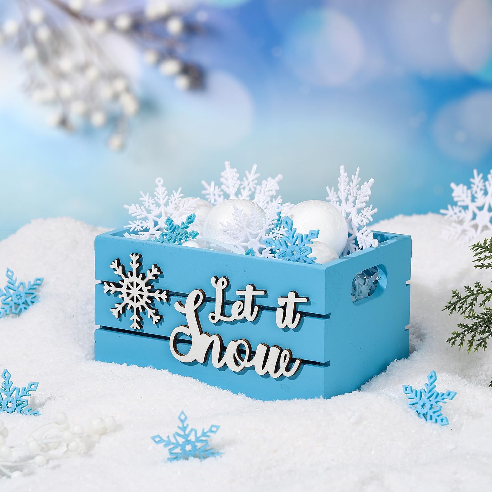 Soaoo Christmas Tiered Tray Decor Snowball Mini Wood Crate Snowflake Set Winter Table Centerpiece Decorations Handmade Xmas Wooden Sign Winter Wooden Basket with Handles for Home Party