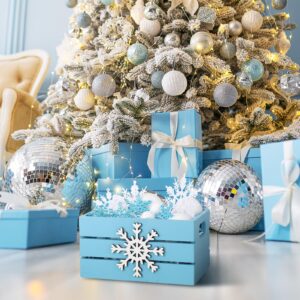 Soaoo Christmas Tiered Tray Decor Snowball Mini Wood Crate Snowflake Set Winter Table Centerpiece Decorations Handmade Xmas Wooden Sign Winter Wooden Basket with Handles for Home Party