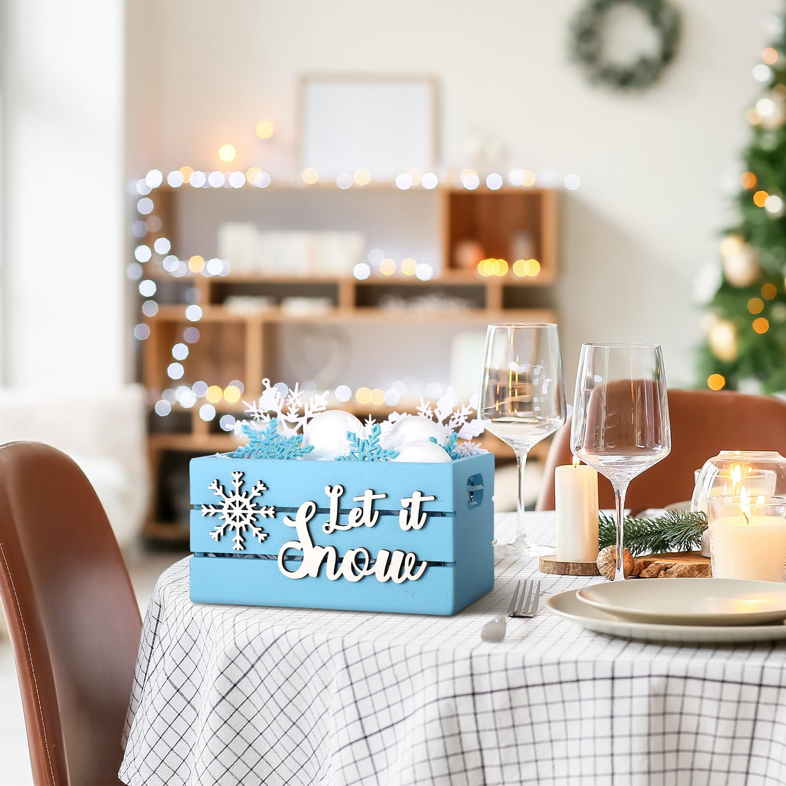 Soaoo Christmas Tiered Tray Decor Snowball Mini Wood Crate Snowflake Set Winter Table Centerpiece Decorations Handmade Xmas Wooden Sign Winter Wooden Basket with Handles for Home Party