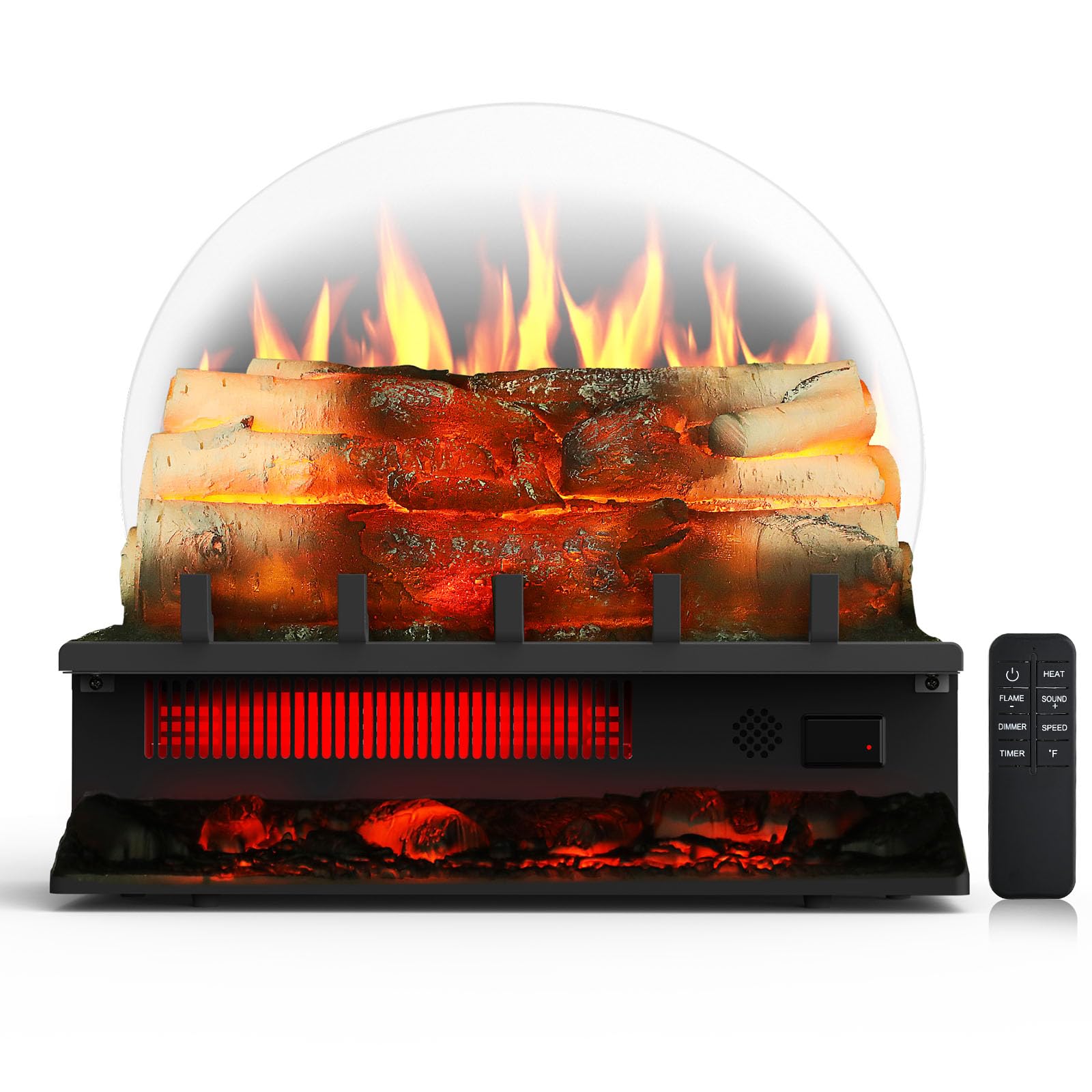 Rintuf Electric Fireplace Logs Set, 1500W Fireplace Insert Log Heater, Overheat Protection, Remote Control, Timer, 5 Flame Brightness/Speed & 4 Flame Sound, 20" Black Fireplace for Living Room Bedroom