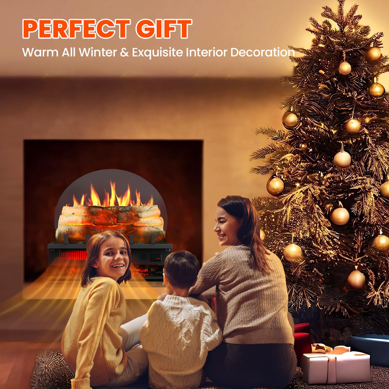 Rintuf Electric Fireplace Logs Set, 1500W Fireplace Insert Log Heater, Overheat Protection, Remote Control, Timer, 5 Flame Brightness/Speed & 4 Flame Sound, 20" Black Fireplace for Living Room Bedroom