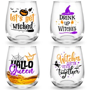 4 pack stemless wine glasses for halloween, 15 oz funny drinking glasses halloween witch cup wine glass tumbler for halloween party housewarming gift suitable whiskey cocktail tea water juice