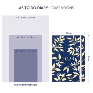 Busy B A5 To Do Diary January to December 2024 - Navy and Gold Floral - Week to View Diary with Notes, Tear-Out Lists & Pockets