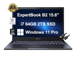 asus expertbook b2 business laptop (15.6" fhd, anti-glare, intel 12-core i7-1260p, 64gb ram, 2tb ssd) backlit, fingerprint, thunderbolt 4, wi-fi 6e, 3-year warranty, ist cable, win 11 pro, black