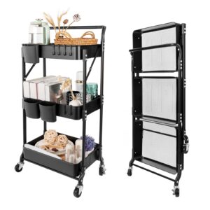 3 tier foldable rolling cart with wheels, folding utility cart organizer, collapsible rolling storage cart with 3 hanging cups & 6 hooks for kitchen, office, nursery(black)
