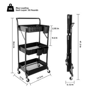 3 Tier Foldable Rolling Cart with Wheels, Folding Utility Cart Organizer, Collapsible Rolling Storage Cart with 3 Hanging Cups & 6 Hooks for Kitchen, Office, Nursery(Black)