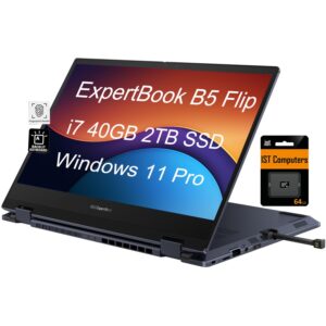 asus expertbook b5 flip 2-in-1 laptop (14" fhd touchscreen, intel 4-core i7-1195g7, 40gb ram, 2tb ssd) fingerprint, backlit kb, webcam, 3-year warranty, garaged stylus, ist sd card, win 11 pro, black