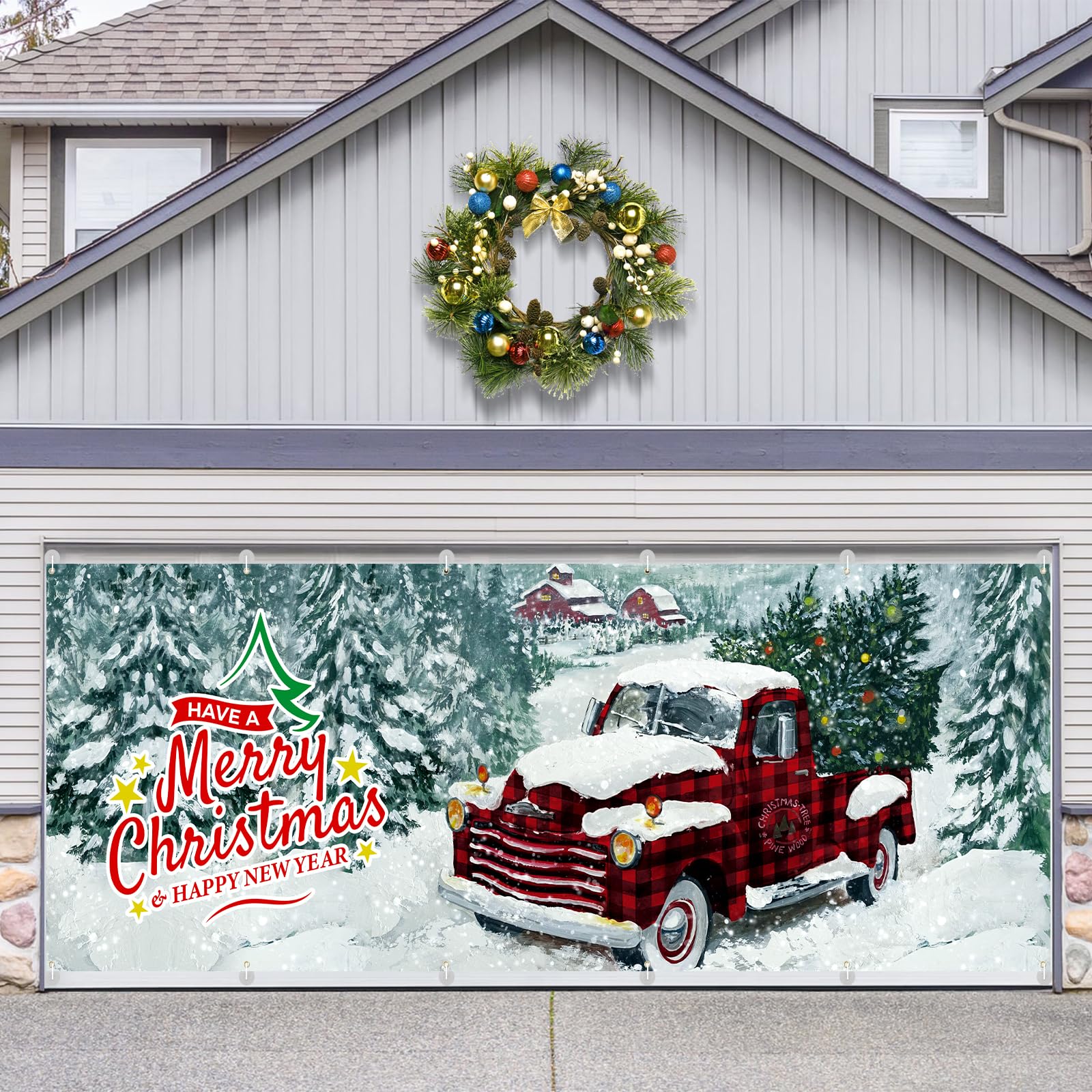 Arosche Extra Large Christmas Garage Door Cover 6 * 16Ft Christmas Garage Door Decorations Have a Merry Christmas Red Truck Background Party Supplies for Garage Door Cover, Phoyography, Party Decor