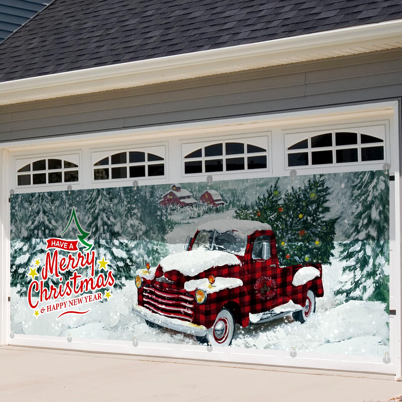 Arosche Extra Large Christmas Garage Door Cover 6 * 16Ft Christmas Garage Door Decorations Have a Merry Christmas Red Truck Background Party Supplies for Garage Door Cover, Phoyography, Party Decor