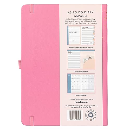 Busy B A5 To Do Diary January to December 2024 - Pink - Faux Leather Week to View Diary with Notes, Tear-Out Lists & Pockets