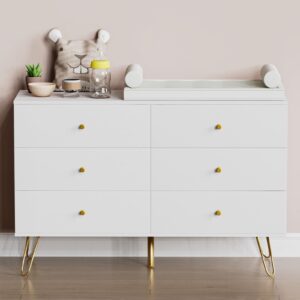 rehoopex white dresser for bedroom with 6 drawers, modern wood 6 drawer dresser with black knobs, chest of drawers for nursery, kids bedroom, living room, closet, entryway (white)