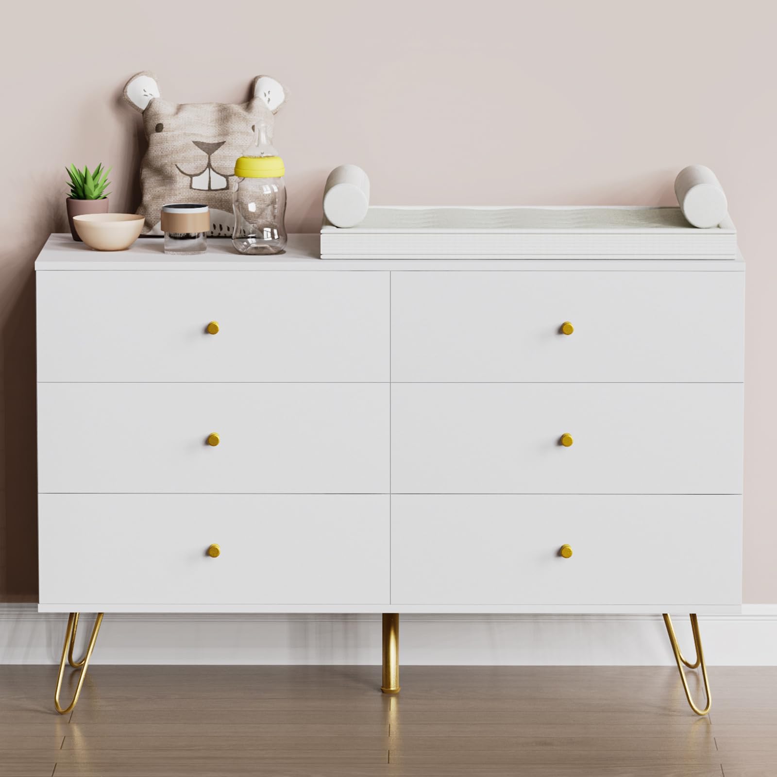 REHOOPEX White Dresser for Bedroom with 6 Drawers, Modern Wood 6 Drawer Dresser with Black Knobs, Chest of Drawers for Nursery, Kids Bedroom, Living Room, Closet, Entryway (White)