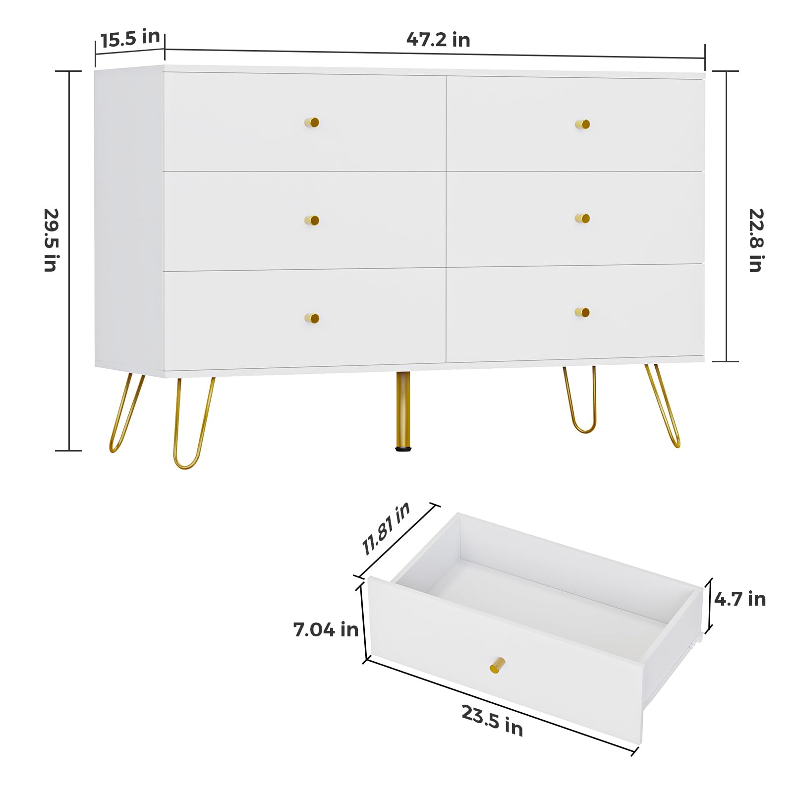 REHOOPEX White Dresser for Bedroom with 6 Drawers, Modern Wood 6 Drawer Dresser with Black Knobs, Chest of Drawers for Nursery, Kids Bedroom, Living Room, Closet, Entryway (White)