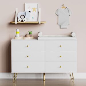 REHOOPEX White Dresser for Bedroom with 6 Drawers, Modern Wood 6 Drawer Dresser with Black Knobs, Chest of Drawers for Nursery, Kids Bedroom, Living Room, Closet, Entryway (White)