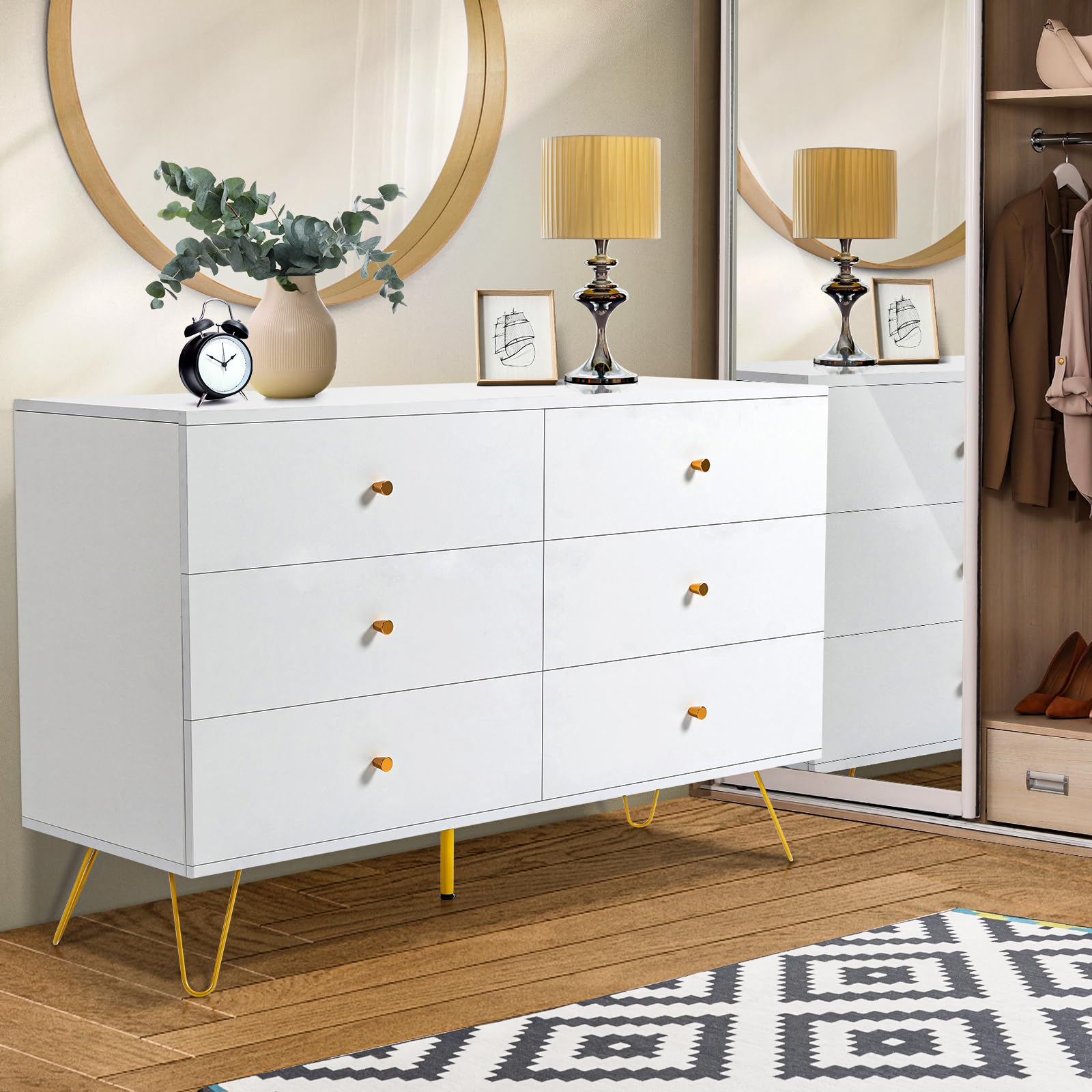 REHOOPEX White Dresser for Bedroom with 6 Drawers, Modern Wood 6 Drawer Dresser with Black Knobs, Chest of Drawers for Nursery, Kids Bedroom, Living Room, Closet, Entryway (White)